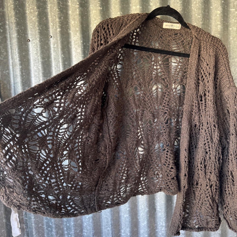 Natural Life Brown Crochet Knit Open Front Cardigan Boho Pointelle  L/XL - Picture 3 of 7